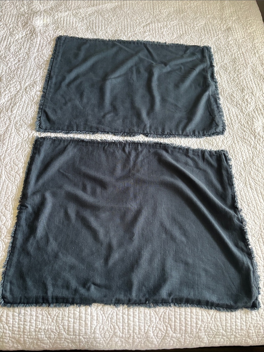 Casaluna Heavyweight Linen Blend Full Queen Dark Mineral Blue Fringe Trim Shams